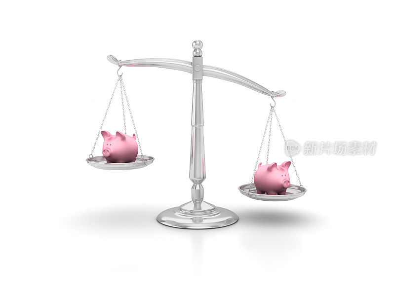 小猪银行和天平的正义- 3D渲染
